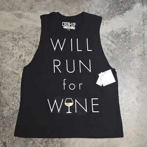 Chin UP Women's Black Sleeveless Tank Top L Polyester Rayon 'Will Run for Wine'